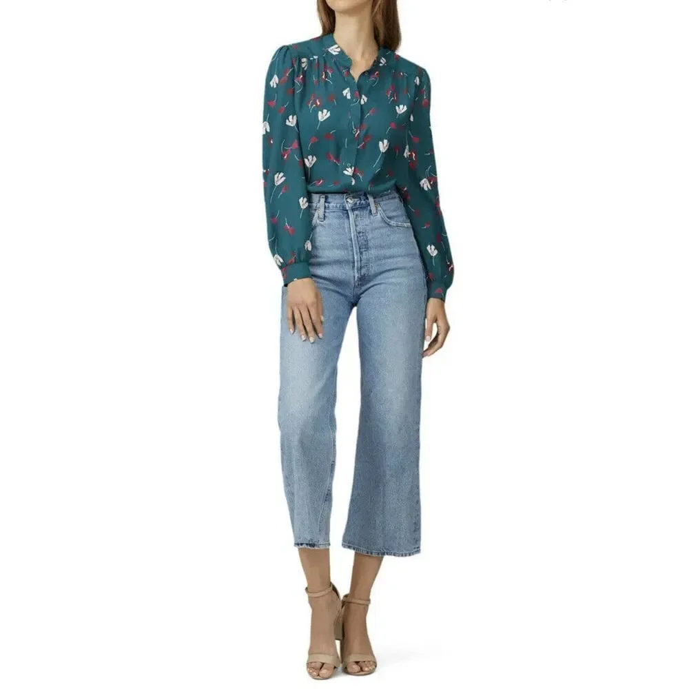 JOIE Women’s Myella Floral Print Blouse Size XXS Teal Long Sleeve Button Top - Picture 2 of 12
